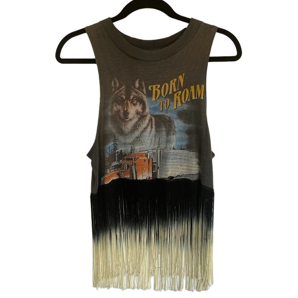 UPCYCLED vintage distressed cutoff t-shirt with hand dip dyed ombré fringe - Picture 1 of 4